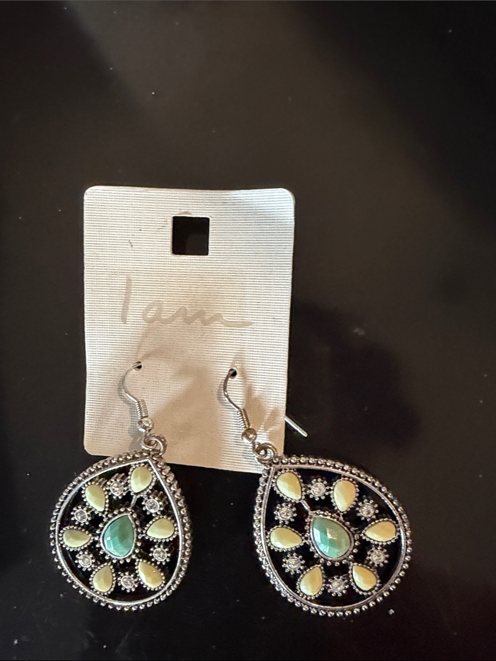 Silver Teardrop Dangle Earrings with Green & Cream Accents